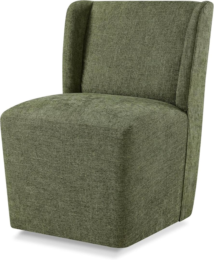 Upholstered Dining Chair with Casters Wingback Modern Side Armless Deskchair with Rollers for Diningroom Bedroom Livingroom Reading Room,Green,1 Box