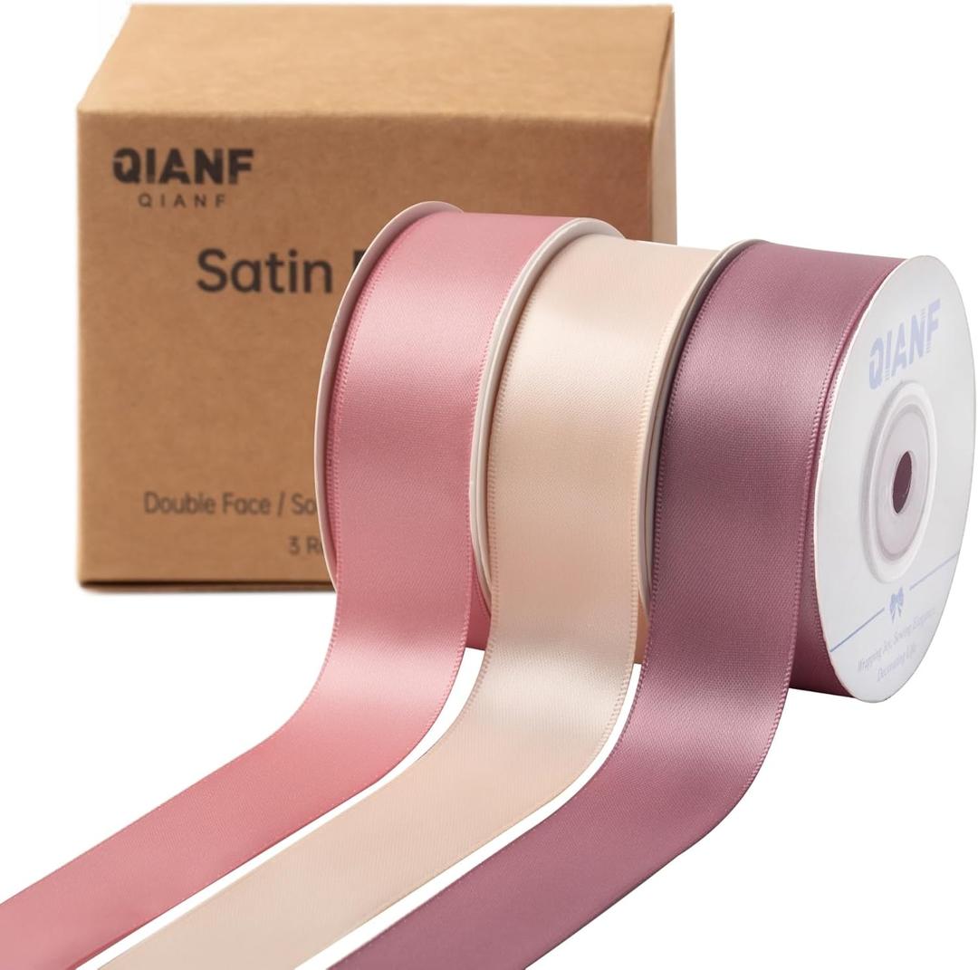 Dusty Rose Double Face Satin Ribbon 1 Inch x 45 Yards Champagne Pink/Rose Gold/Mauve Fabric Ribbon for Gift Wrapping, Flower Bouquets, Bows Making, Wedding Decor (3 Rolls *15Yd)