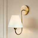 14" Wainwright Single Swoop Wall Sconce, Vanity Light with White Linen Shade & Brass Gooseneck Arm – Vintage Retro Bedroom Lamp for Elegant Home Lighting (Brass)
