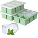 Large Silicone Ice Cube Tray 3Pack, SAWNZC Big Square Ice Cube Molds for Whisky Cocktail, Ice Maker Tray with Lid for Freezer, Easy Release (2, Mint Green)