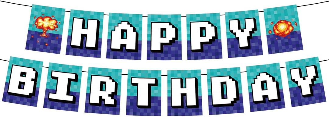 Happy Birthday Banner, Pre-Strung Birthday Party Decorations Pixel Mining Theme Party Favors for Home Wall Door Window Parties Decor Photo Prop