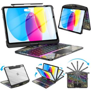 SIBEITU Keyboard Case for iPad A16 11th Gen 11" 2025 & 10th Gen 10.9" 2022, Clear Wireless Keyboard Protective Cover with Multi-Touch Trackpad, 7-Color Backlight & 3-Brightness, 360 Rotatable, Black
