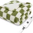 Sunbeam Printed Royal Sherpa Foot Pocket Heated Throw Electric Blanket, 50" x 60", 4 Heat Settings, 4-Hour Auto Shut-Off, Warming Cozy Throw for Couch or Bed, Machine Washable, Sage Checkerboard