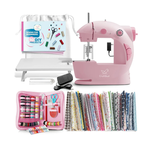 CraftBud Mini Sewing Machine for Beginners, Dual Speed Small Portable Sewing Machine for Kids and Adults with Extension Table, 122 Piece Gift Set Includes, Fabrics, Projects Book, Light and More, Pink