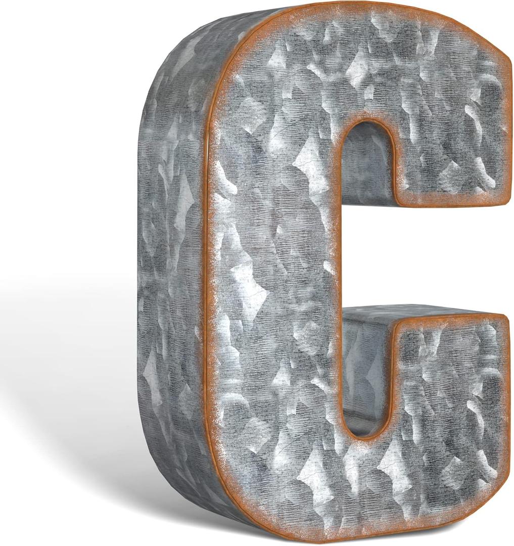 CraftyCrocodile 7" Galvanized Metal Letters for Wall Decor - 3D Letter C for Hanging & Free Standing - Decorative Rustic Alphabet Letters for the Living Room, Bedroom, Kitchen
