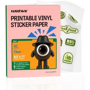 100% Clear Vinyl Sticker Paper 60 Pack, 8.5x11 Inches Transparent Printable Sticker Sheets for Inkjet Printer, Quick Drying, Vivid Colors, Tear Resistant Ideal for Crafts & Cutting Machines