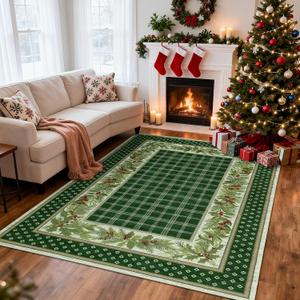 GarveeHome 9x12 Christmas Area Rug for Living Room: Machine Washable Christmas Area Rugs for Bedroom with Non-Slip Backing, Living Room Washable Carpet, Soft Low Pile Bedroom Carpet 9 * 12 ft Green