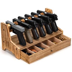 Pistol Rack Gun Safe, Real Wood Handgun Rack Holder for Gun Cabinet Accessories, Rustic Style Gun Rack Organizer for Nightstand, Gifts for Men (Carbonized Brown (6 Slot))