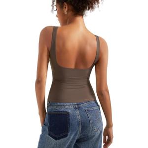 SUUKSESS Women Padded Open Back Boat Neck Tank Tops Double Lined Basic Shirts (Medium, Brown)