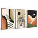 Large Canvas Wall Art Set of 3 Framed Boho Wall Art Mid Century Modern Wall Prints Black Beige Moon Plant Desert Nature Illustrations Artwork, Minimalist Boho Wall Decor for Living Room 16x24in