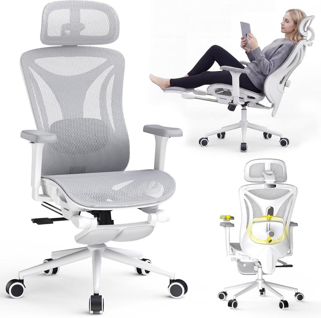 CYKOV Ergonomic Office Chair with Footrest - Adjustable Lumbar Support & Headrest, 90-160° Reclining Mesh Back Computer Chair - Home Office/Gaming, 350lbs Capacity (W-Grey, Mesh), 20 inches x 22 inches x 40 inches