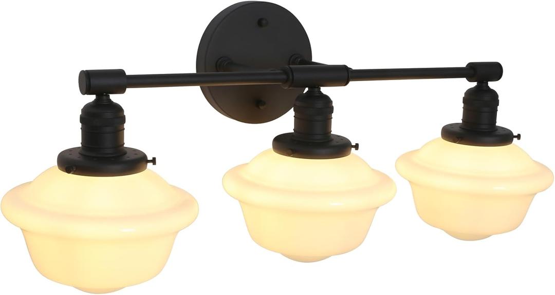 Pathson Milk White Glass Bathroom Wall Sconce Lights, 3-Light Hardwired Wall Vanity Lamps for Living Room Vintage Home Decor, E26 Base (Black)