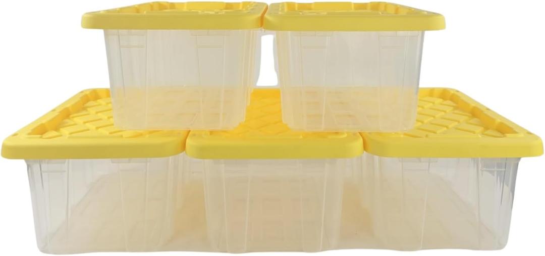 Edge Plastics 5 Gallon Tough Tote, Clear Base with Yellow Lid, 5-Pack