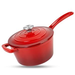 Enameled Cast Iron Sauce Pan, 2 Quarts Round Sauce Pot with Lid, Mini Dutch Oven Enamel Saucepan for Cooking Pasta Sauce, Marinate, Cook, Refrigerate and Serve, Gradient Red