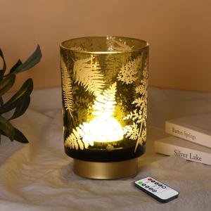 Eywamage Battery Operated Glass Table Lamp, Boho Green Ferns Leaves Mood Light with Remote, Cordless Bedside Accent Lamp Room Decor (Medium)
