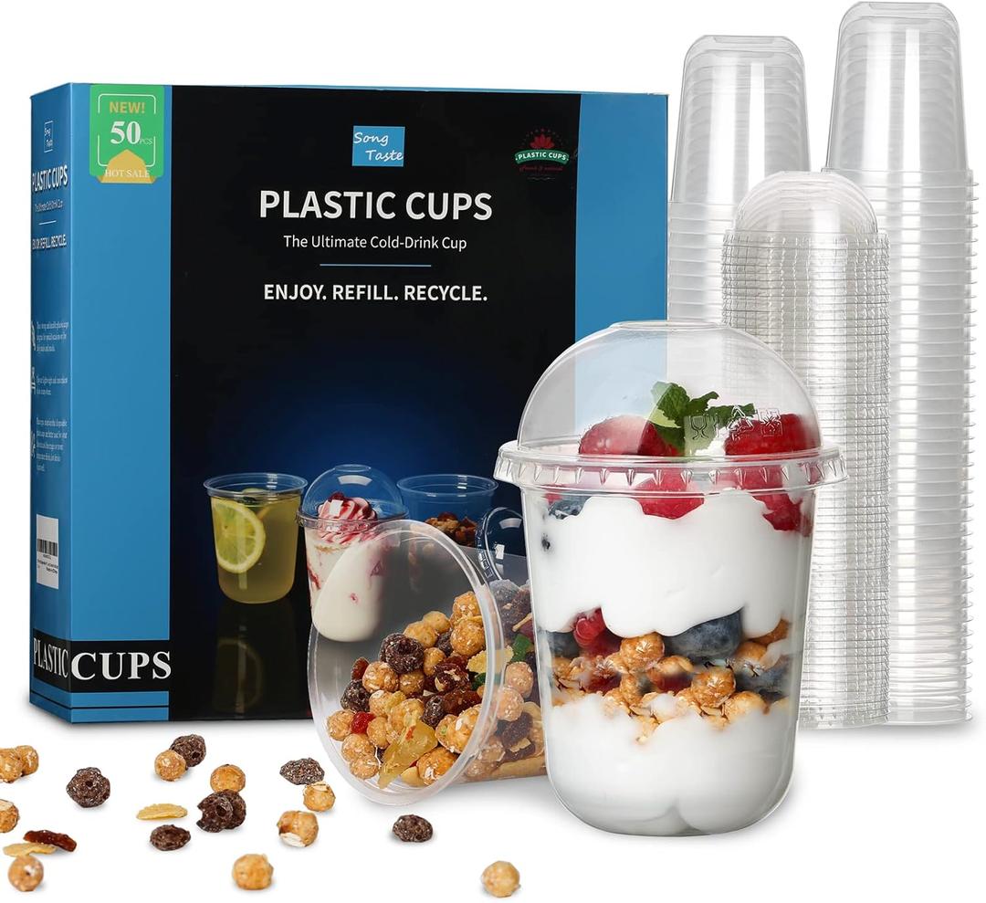 Songtaste 50 Pcs Disposable Plastic Cups,12 Oz Clear Plastic Parfait Cups with Dome Lids and No Hole,Dessert Yogurt Fruit Holders for Kids,Take Away Breakfast and Snacks,Cold Drinks,Ice Cream,Fruit