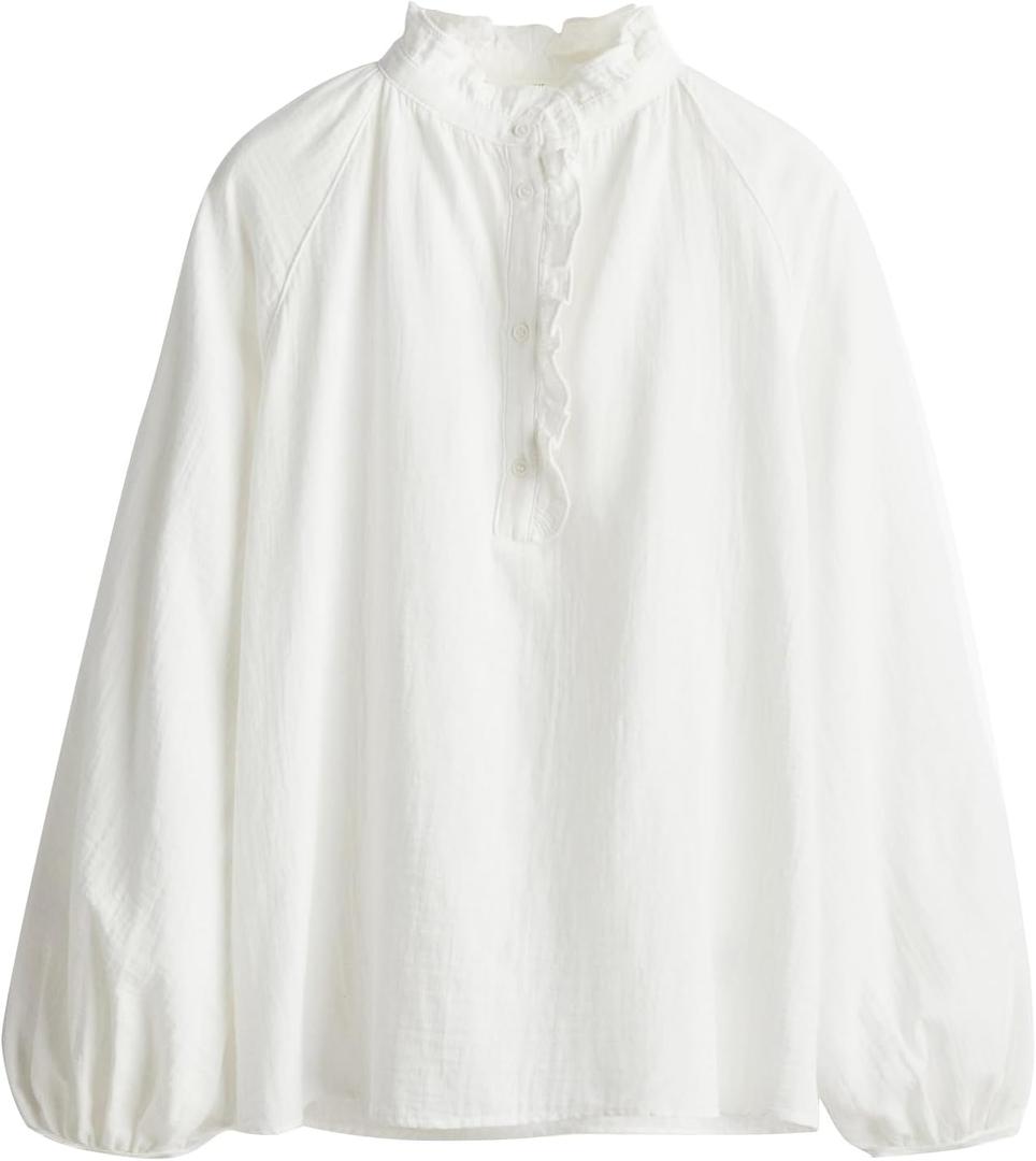 Womens White Ruffle Trim Muslin Blouse Long Raglan Balloon Sleeves Casual Button Tops (Medium)