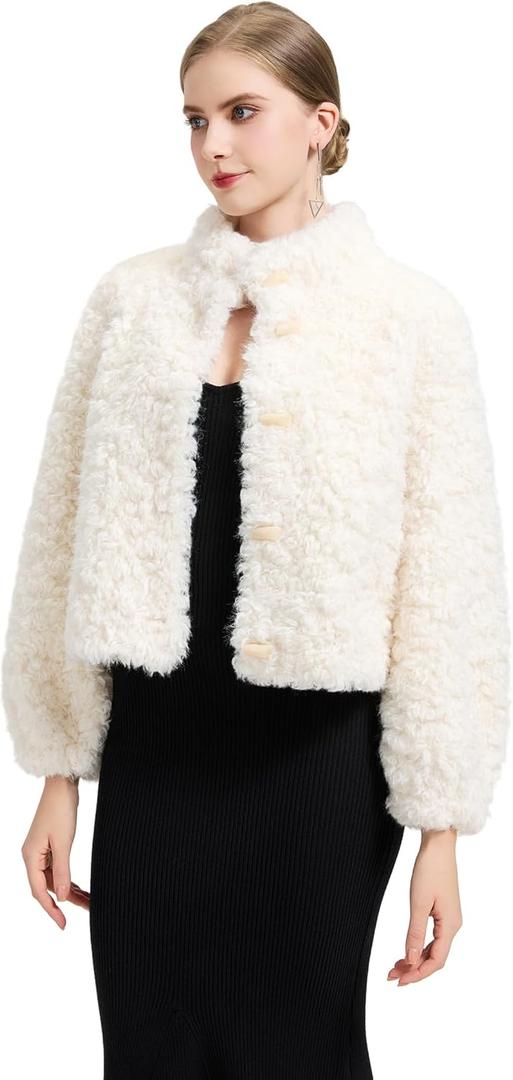 GRAN ORIENTE Women Burgundy Shaggy Cropped Jacket Coats,2025 Winter Fluffy Faux Fur Warm Long Sleeve Outerwear