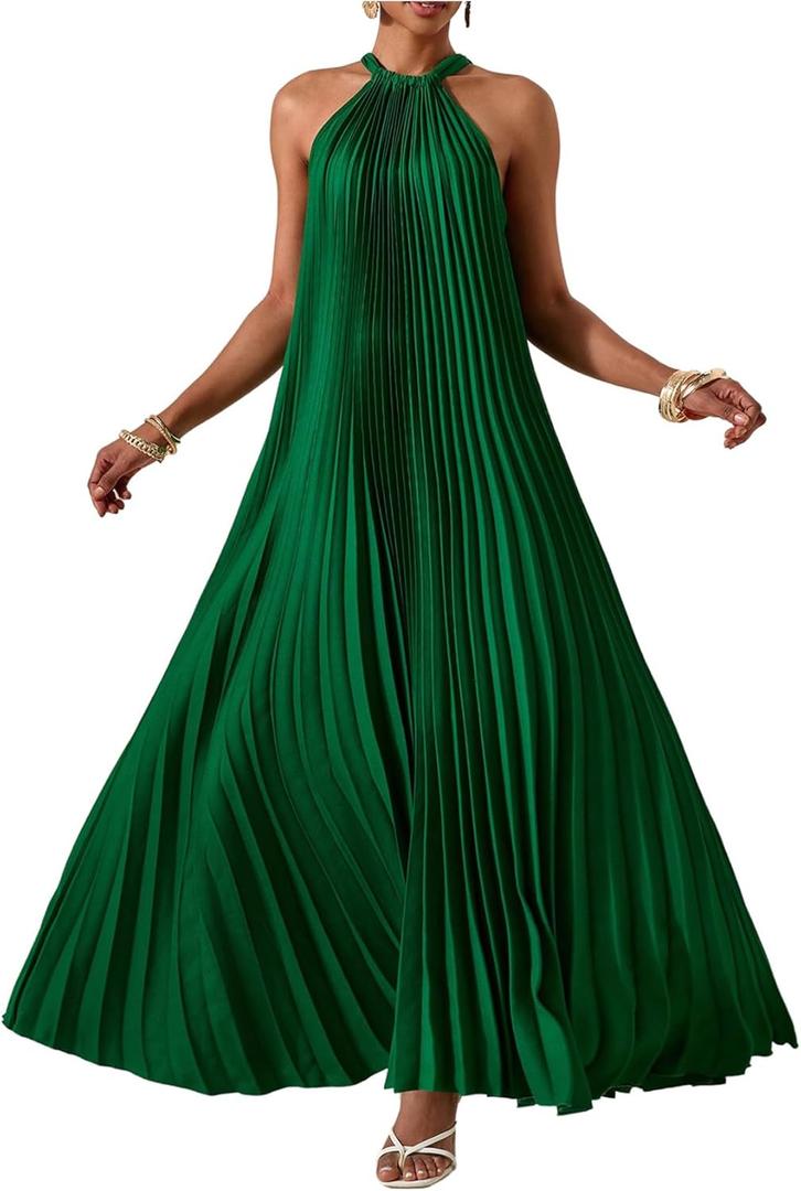 OYOANGLE Women's Summer Maxi Dress Wedding Guest Party Sleeveless Pleated Long Flowy Beach Vacation Dress (Dark Green, S)