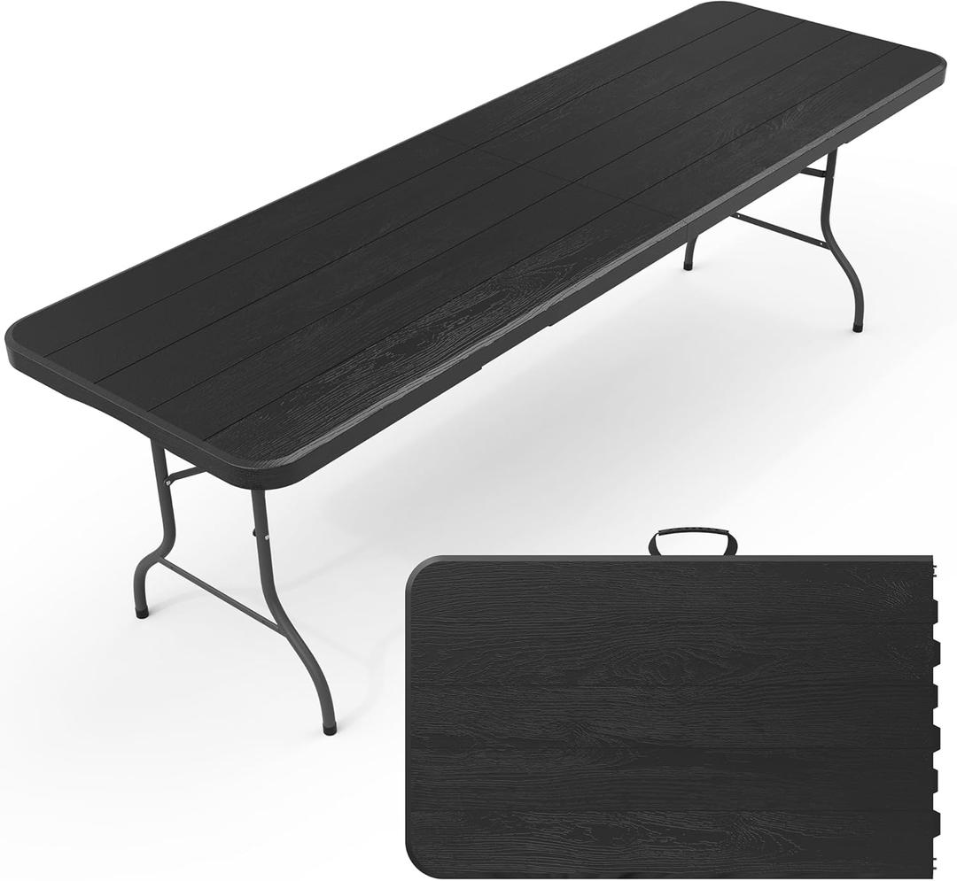 8 Ft Plastic Folding Table,Heavy Duty Portable Table for Indoor & Outdoor,Wood Grain Desktop & 350lbs Weight Capacity,Premium Solutions for Camping,Picnic,BBQ and Party