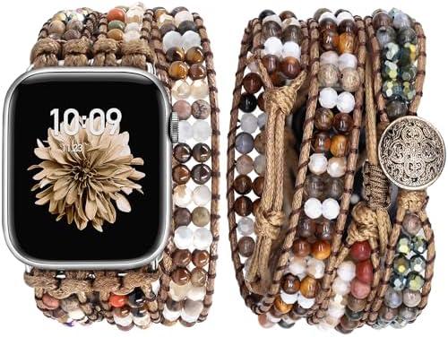 JR.DM Boho Beaded Watch Band Women Compatible with Apple Watch Band 38mm 40mm 41mm 42mm(S10) Brown Stone Bracelet Adjustable Handmade Braided Rope Watch Strap for iWatch Series 10/9/8/7/6/5/4/3/2/1/SE