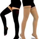 2 Pairs Anti Embolism Ted Hose Thigh High 15-20 mmHg Compression Stocking,Post Surgery Support Compression Socks with Inspect Toe Hole for Women & Men (XXL, Black + Beige)