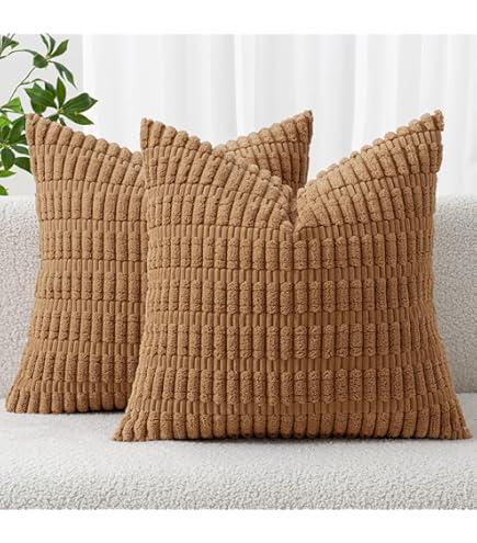 MIULEE Pack of 2 Corduroy Decorative Throw Pillow Covers 24x24 Inch Soft Boho Striped Pillow Covers Modern Farmhouse Home Decor for Sofa Living Room Couch Bed Brown