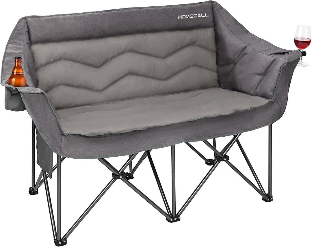HOMECALL Oversized Double Camping Chair for Adults - Heavy Duty Folding Loveseat Support 700 lbs, Extra Wide 2 Person Camping Couch with Thick Padding, Cup Holders & Storage Bag, Grey, X-Large
