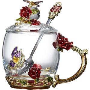 Flower Teacup Transparent Glass Teacup, (With Spoon + Lid), Fancy Tea Cups,Tea Cup Gift, Gifts for Women,Mother's Day Present. (Rose Red Short Cup)