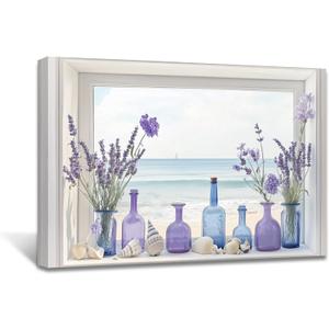 AWPANERAR Beach Window Wall Art Bathroom Decor Purple Lavender in Vase Pictures Rustic Flowers Poster Blue Ocean Prints Coastal Artwork Farmhouse Decor Framed (White, (20L x 30W))