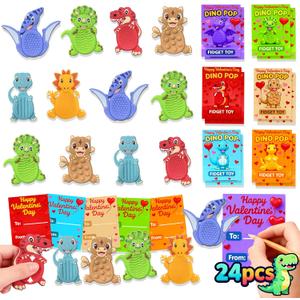 24Pack Valentine's Day Gifts for Kids School Classroom, Valentines Day Cards for Kids School Classroom, Valentine's Day Dinosaur Sensory Stone for Autistic Kid, Valentine Party Favors for Boy Girls