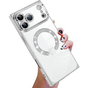KANGHAR Case Compatible with iPhone 17 Pro Max Case Magnetic Clear with Camera Lens Protector[Compatible with MagSafe] Luxury Cute Plating Design Full-Body Shockproof Rectangle Protection Cover Sliver