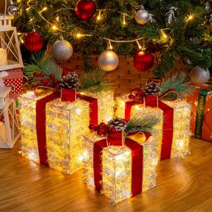 Set of 3 Christmas Lighted Gift Boxes Plug-in 60 Led Light Up Boxes Ornaments for Christmas Decorations Indoor Outdoor Home Yard Xmas Tree Holiday Party Lawn Porch (Tinsel)