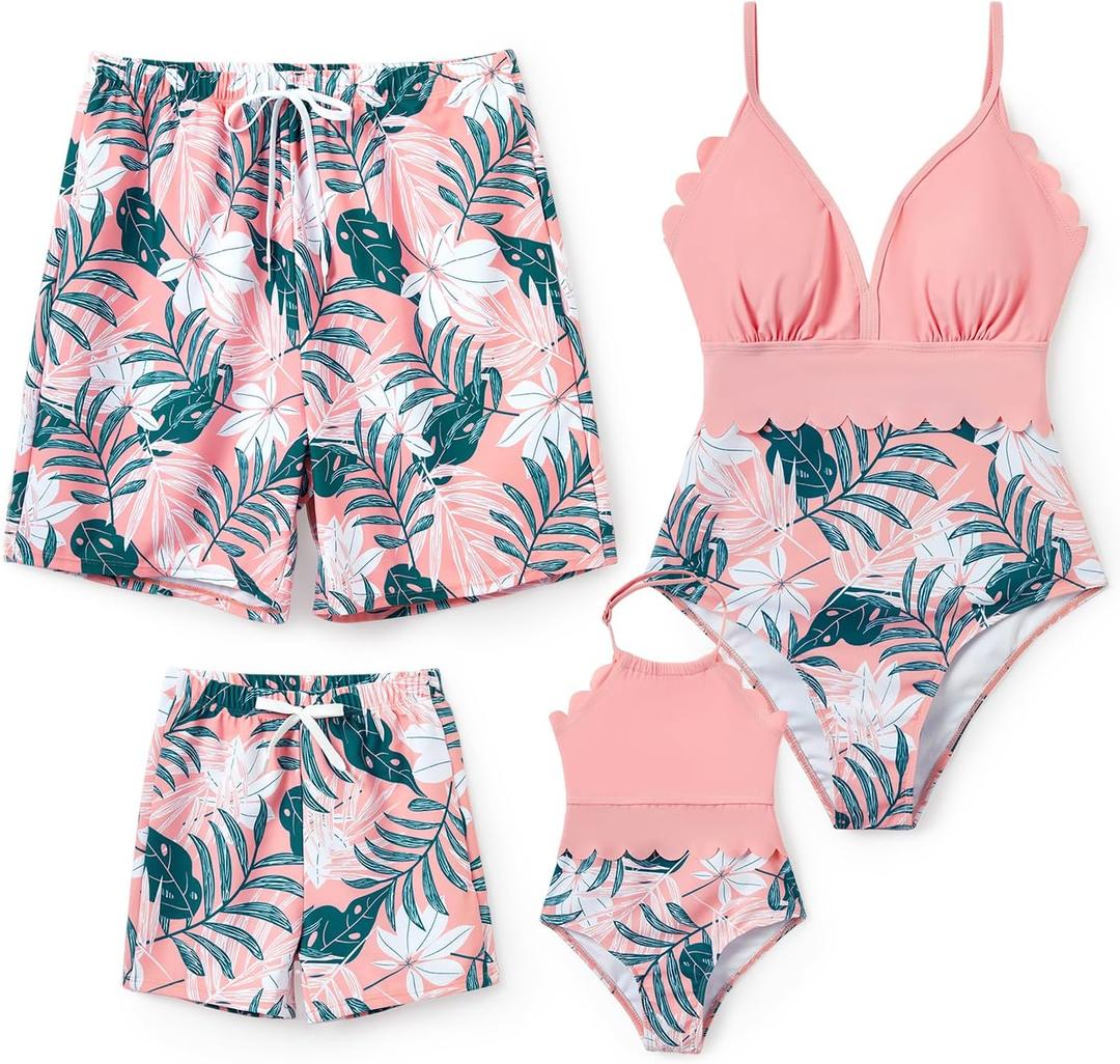 PATPAT Mommy and Me Matching SwimsuitOne Piece V Neck Bathing Suits Leaves Printed Family Swimwear Matching Set (Pink, M)