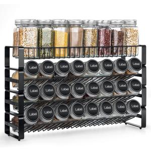 JONYJ 4 Tier Stackable Seasoning Rack Organizer, Detachable Countertop Spice Jar Rack for Cabinet, Freestanding , Black Frosted Iron Kitchen Counter Shelf (1 Flat layer 3 Tilt layer)