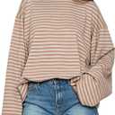 KOSUSANILL Women Oversized Striped Long Sleeve Shirt Crewneck Cropped Tops Drop Shoulder Y2K Preppy Sweatshirt Fall Clothes (Large, Pink)