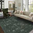 LIMON HOME Dark Green Washable Area Rug 6x9,Olive Green Distressed Large Rugs for Living Room Bedroom,Moody Floral Boho Vintage Oriental Indoor Carpet for Dining Room,Forest Green Rug