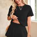 Opemiby Womens Summer 2 Piece Outfits Casual Short Sleeve T Shirt and High Waist Skort Skirt Matching Lounge Set (Black, L)