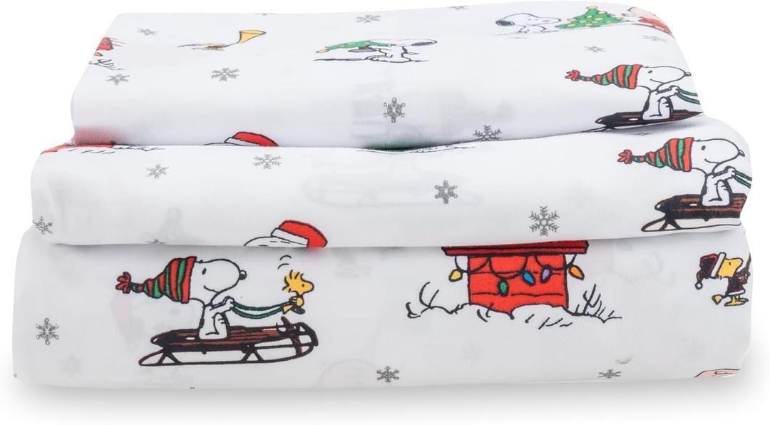 Berkshire Blanket Peanuts Kids Sheet Set Twin Size - 3 Pieces,Cute Character Snoopy Printed Soft Microfiber Bed Sheets,Holiday Helpers Sheet White