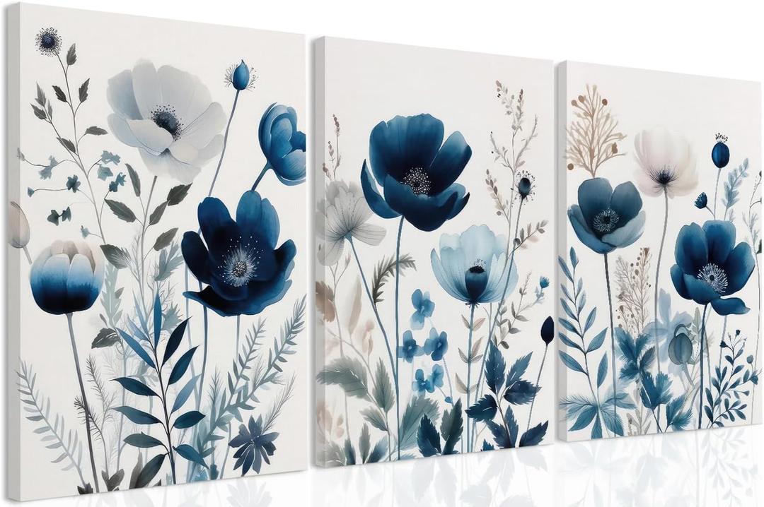 DUWQU 3 Pcs Blue Floral Canvas Wall Art, Elegant Navy Blue Wildflower Lily Daisy Art Wall Decor, Watercolor Botanical Flower Home Poster Art Prints for Living Room Bedroom Bathroom 1216 Inches