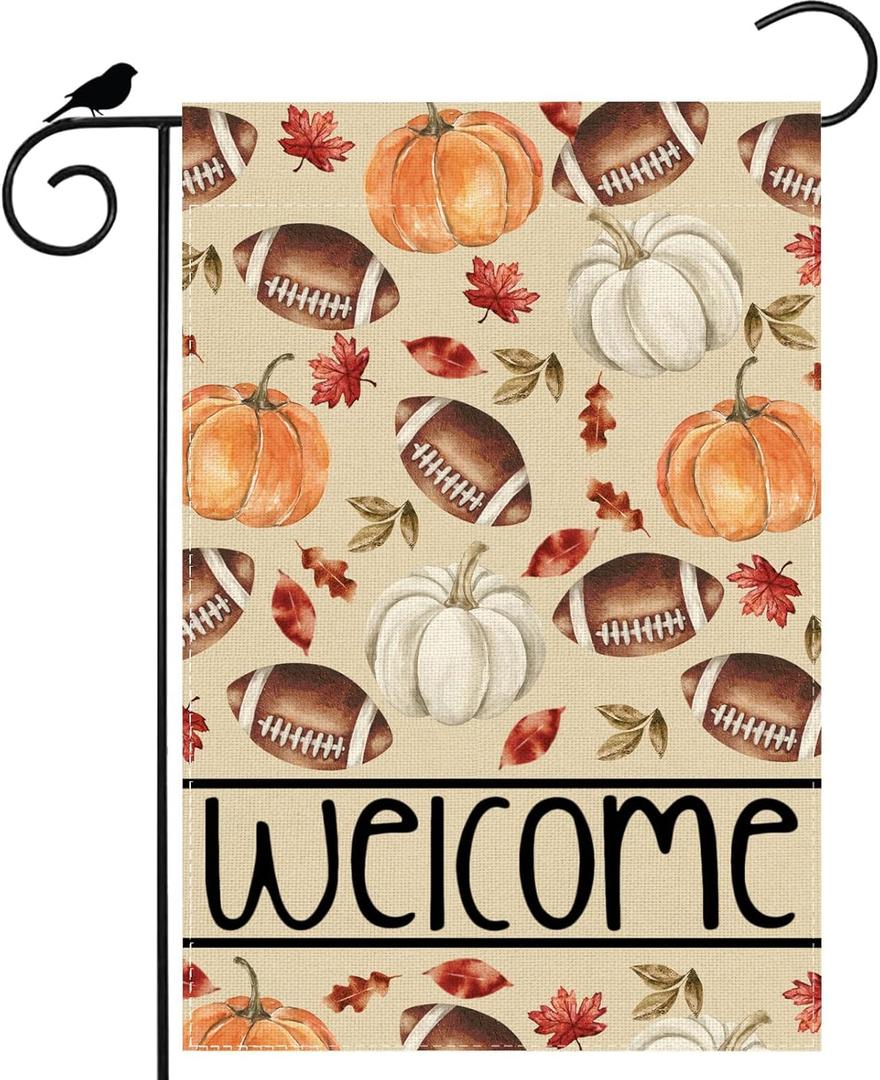 4 x Fall Welcome Pumpkins Footballs Maple Leaves Autumn Garden Flag Yard Flag 12x18 Inch Double Sided Small Mini Yard Outdoor Outside Farmhouse Holiday Decoration 4 x Fall Welcome Pumpkins Footballs Maple Leaves Autumn Garden Flag Yard Flag 12x18 Inch Double Sided Small Mini Yard Outdoor Outside Farmhouse Holiday Decoration