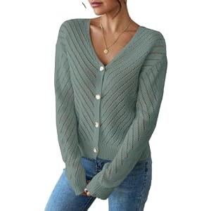 Libsorge Womens Sexy Off The Shoulder Sweater Spring Summer Fall 2025 Trendy Lightweight Ladies Dressy Casual Outfits Cute Crochet Knit Hollow Out V Neck Long Sleeve Button Cardigan Sage Green S