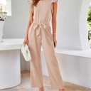 BTFBM Women Jumpsuits Crew Neck Ruffle Cap Sleeve Belted High Waist Wide Leg Romper with Pockets One Piece Casual Outfits (Beige, XXL)