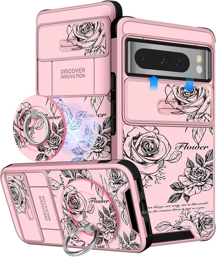 Buleens for Google Pixel 8 Pro Case 6.7 Inch - with Ring Stand & Camera Cover Aesthetic Cute Designed for Women Girls Girly Pretty Kawaii Rose Flower for Pixel 8 Pro Phone Case Compatible with Magsafe