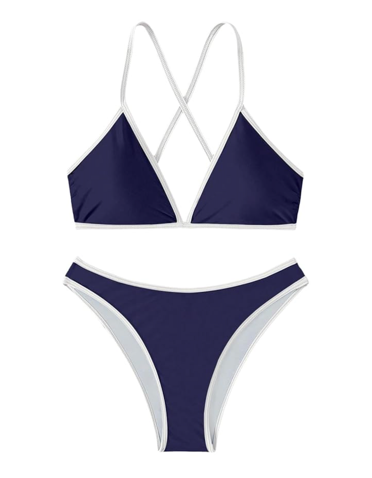 SHENHE Women's 2 Piece Bikini Set Swimsuit Color Block Criss Cross Halter Triangle Tie Back Swimwear, L