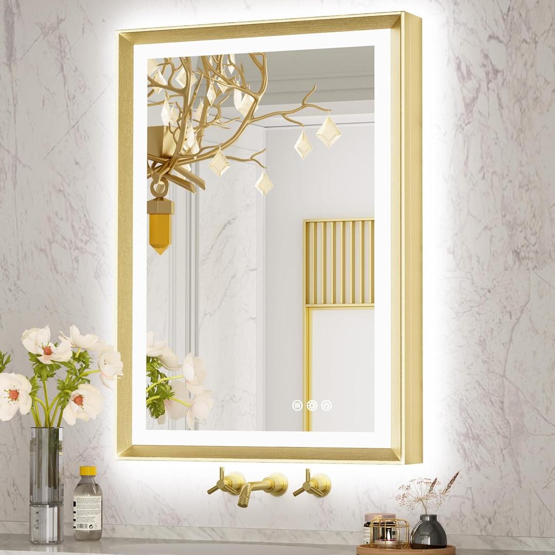TokeShimi Gold 24x36 Inch LED Bathroom Vanity Mirror Frame Backlit and Front Lighted Aluminum Alloy Rectangle Beveled Edge Tricolors Stepless Dimmable Anti-Fog Memory Function for Wall Decor