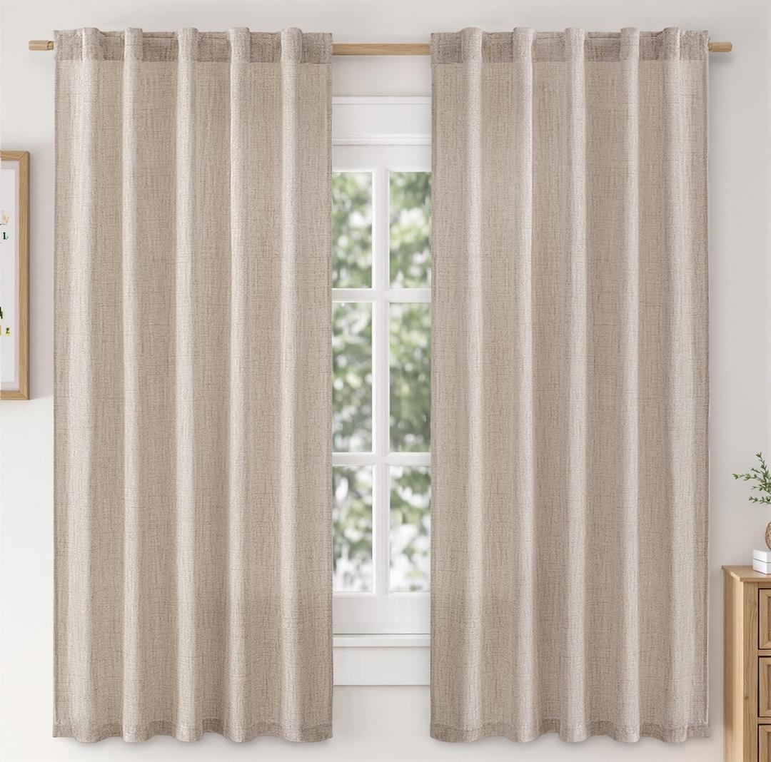 MIULEE Faux Linen Curtains 45 Inch Length 2 Panels Natural Semi Sheer Curtain with Back Tab Rod Pocket, Light Filtering Window Privacy Burlap Drapes for Living Room Bedroom 42W x 45L Linen