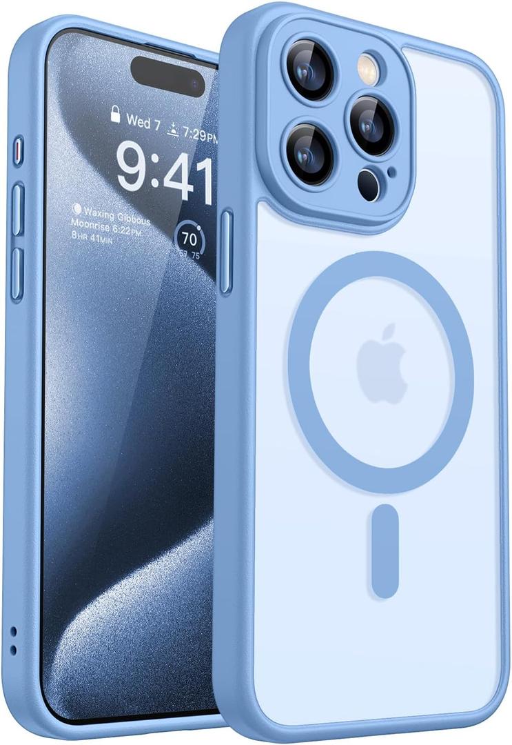 CANSHN Magnetic Compatible with iPhone 15 Pro Case, Upgraded [Full Camera Protection] [Compatible with Magsafe] [Translucent Matte] Shockproof Protective Phone Case Cover 6.1 Inch - Light Blue