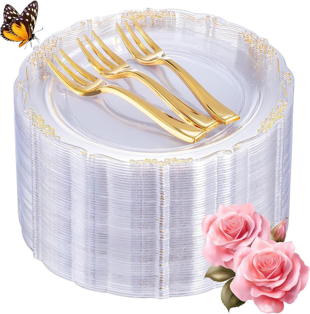 LIYH 200 Pcs Clear Gold Plastic Dessert Plates 7.5"and Cake Forks 5" - Clear Small Cake Plastic Plates and Gold Forks for Parties Wedding Birthday (200Pcs (100 Guests))