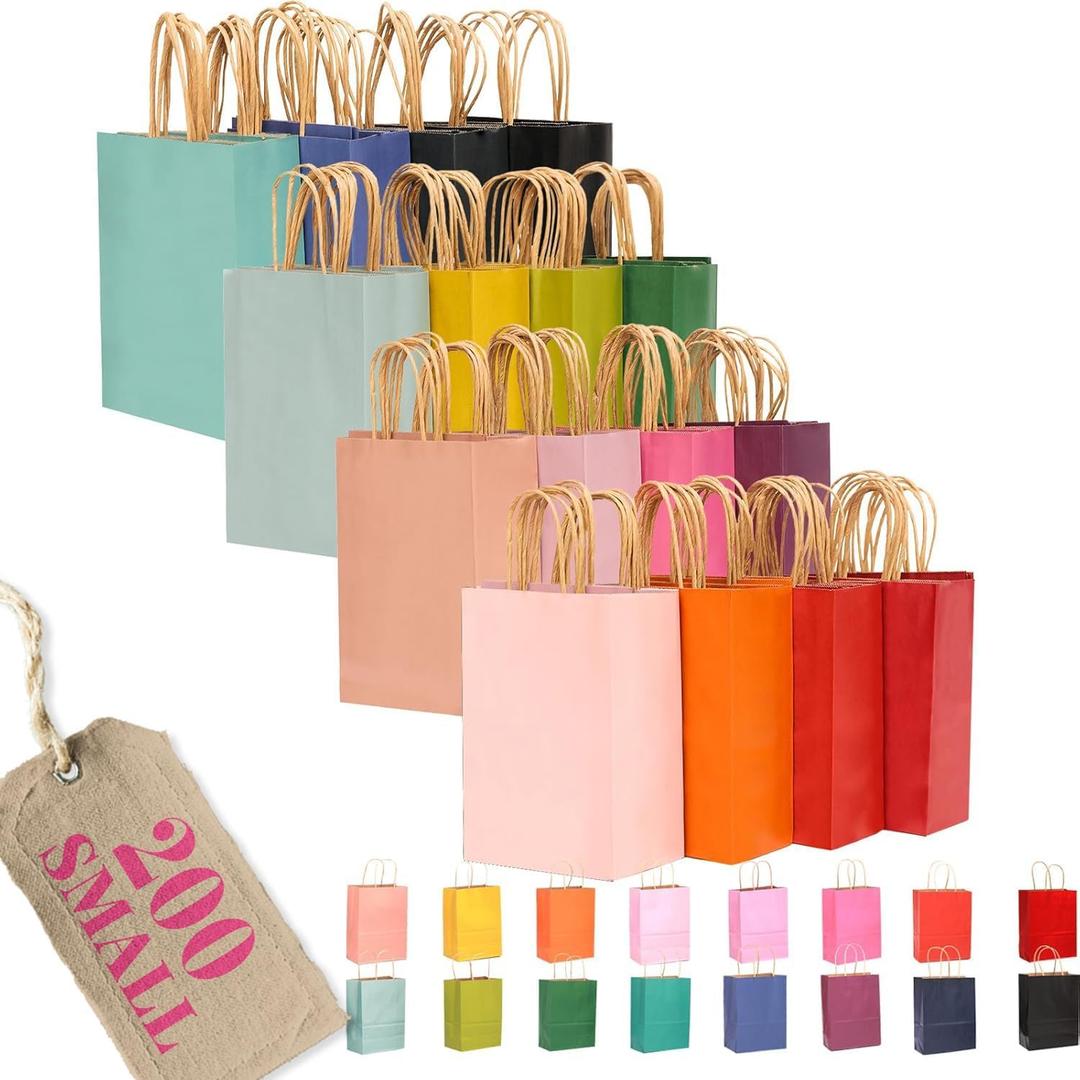 qiqee 200Pcs Paper Gift Bags with Handles - 8.3"x6"x3.15" Small Party Favor Bags Multiple Uses - 16 Solid Colors